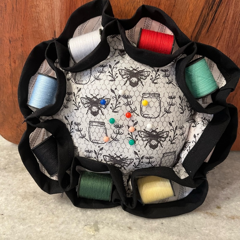 Hand Crafted White With Black Bee and Mason Jar Print Pin Cushion